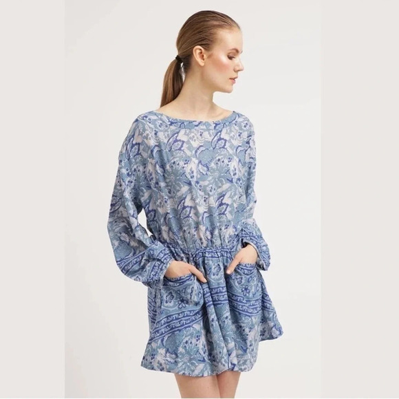 FREE PEOPLE Bohemian Mini Dress Silver Sun Cutout Blue Washed Pockets, Medium - Picture 3 of 16
